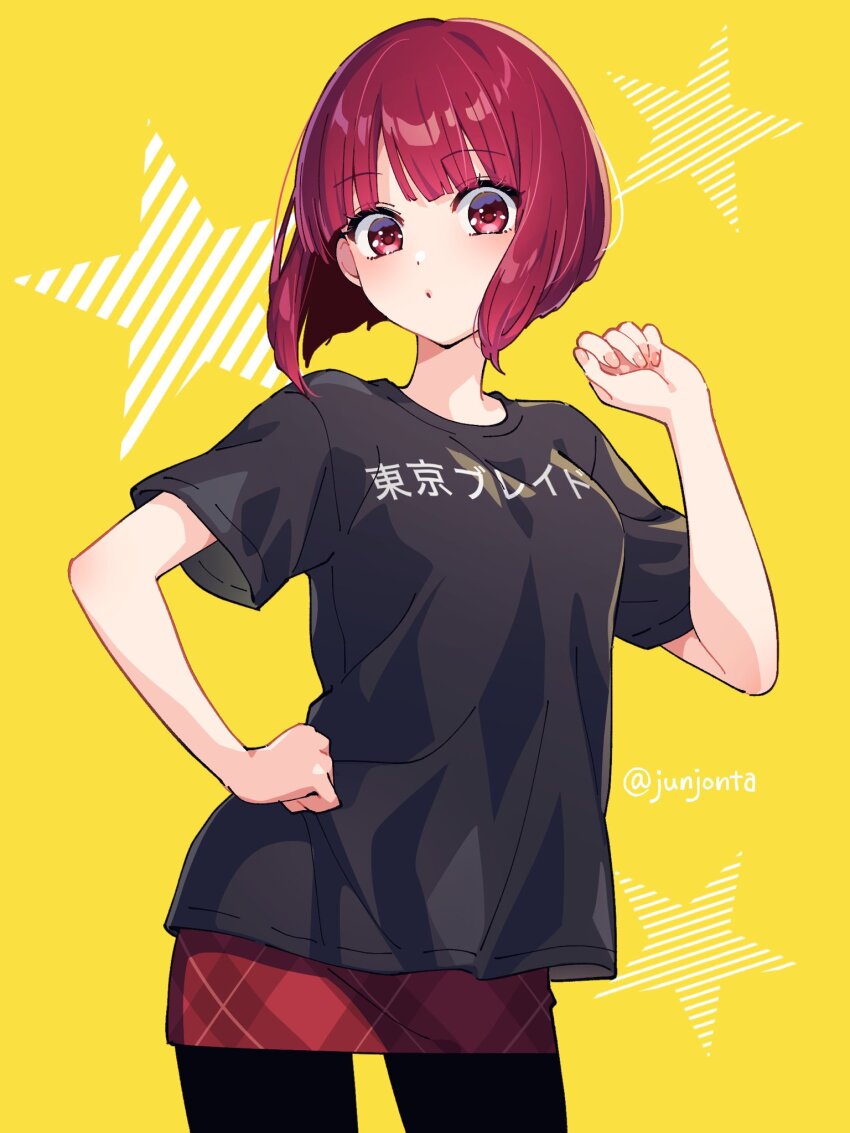 1girl arima_kana black_pantyhose black_shirt blush bob_cut highres inverted_bob junjonta looking_at_viewer medium_hair oshi_no_ko pantyhose red_eyes red_hair red_skirt shirt short_hair skirt solo star_(symbol) t-shirt yellow_background