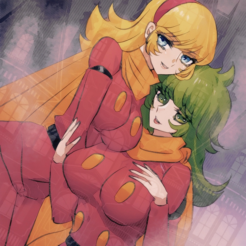 2girls ass blonde_hair blue_eyes breasts coat cyborg_009 francoise_arnoul green_eyes green_hair half-closed_eyes hand_on_own_chest highres huge_ass large_breasts long_hair looking_at_viewer madame_(cyborg_009) multiple_girls naughty_face red_coat sariokisu scarf wide_hips yellow_scarf