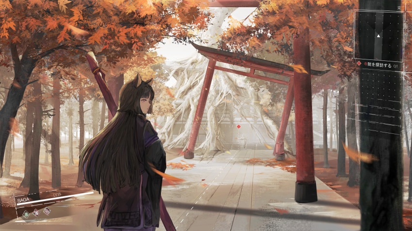 1girl absurdres animal_ears arknights autumn_leaves black_hair brown_eyes building closed_mouth commentary_request day dog_ears falling_leaves from_behind gameplay_mechanics health_bar highres japanese_clothes kimono leaf long_hair looking_to_the_side minimap nueegochi outdoors purple_kimono saga_(arknights) solo torii tree very_long_hair weapon_bag