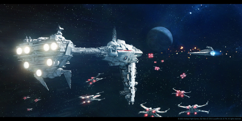 agnidevi battle copyright_name escort_frigate fleet no_humans planet realistic science_fiction space spacecraft star_(sky) star_(symbol) star_destroyer star_wars starfighter t-65_x-wing x-wing
