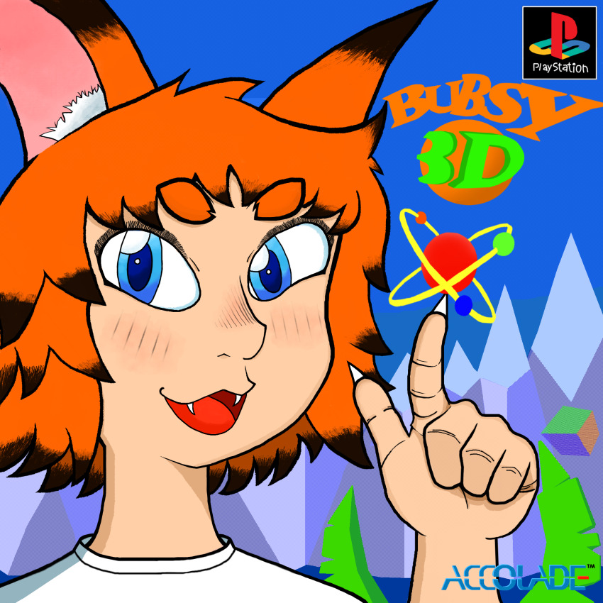 1girl :3 animal_ears artist_request atom black_hair blue_eyes blush bubsy bubsy_the_bobcat cat_ears cat_girl claws fangs game_console genderswap highres index_finger_raised looking_at_viewer mountain multicolored_hair non-web_source open_mouth orange_hair original playstation_1 shirt short_hair sky smile streaked_hair very_big_eyes white_shirt