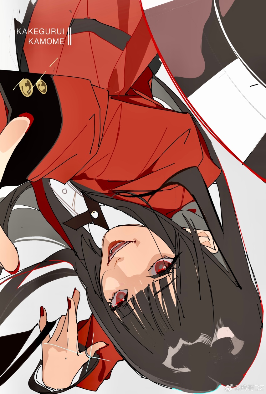 1girl absurdres black_hair black_ribbon black_sleeve_cuffs blazer bright_pupils buttons chinese_commentary collared_jacket commentary_request copyright_name dress_shirt eyelashes floating_hair gleam grey_background happy highres hime_cut hyakkaou_academy_school_uniform jabami_yumeko jacket jewelry kakegurui lapels long_hair long_sidelocks long_sleeves looking_at_viewer nail_polish neck_ribbon open_clothes open_jacket open_mouth ouge_dz outline outstretched_arm red_eyes red_jacket red_nails red_outline ribbon ring school_uniform shirt sidelocks simple_background smile solo straight_hair teeth upper_body upside-down very_long_hair watermark weibo_watermark white_pupils white_shirt