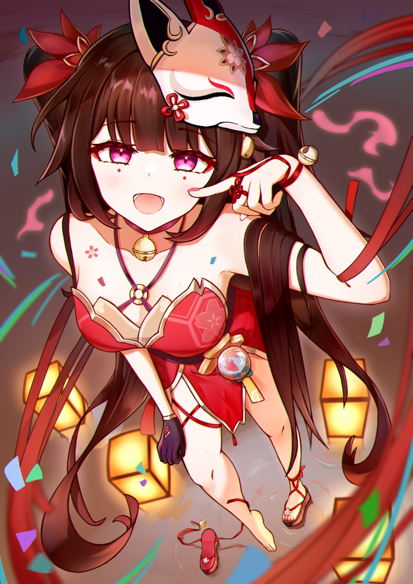 1girl absurdres bare_legs bare_shoulders bell black_gloves breasts brown_hair circle_facial_mark collarbone commentary dress eyeliner finger_to_cheek fingernails flower_tattoo fox_mask from_above gloves hair_bell hair_ornament hair_ribbon halterneck highres honkai:_star_rail honkai_(series) japanese_clothes kamory lantern long_hair looking_at_viewer makeup mark_under_both_eyes mask mask_on_head medium_breasts nail_polish neck_bell open_mouth paper_lantern pelvic_curtain pink_eyes red_dress red_eyeliner red_nails red_ribbon ribbon shoulder_tattoo single_bare_foot single_glove smile solo sparkle_(honkai:_star_rail) tattoo toes very_long_hair