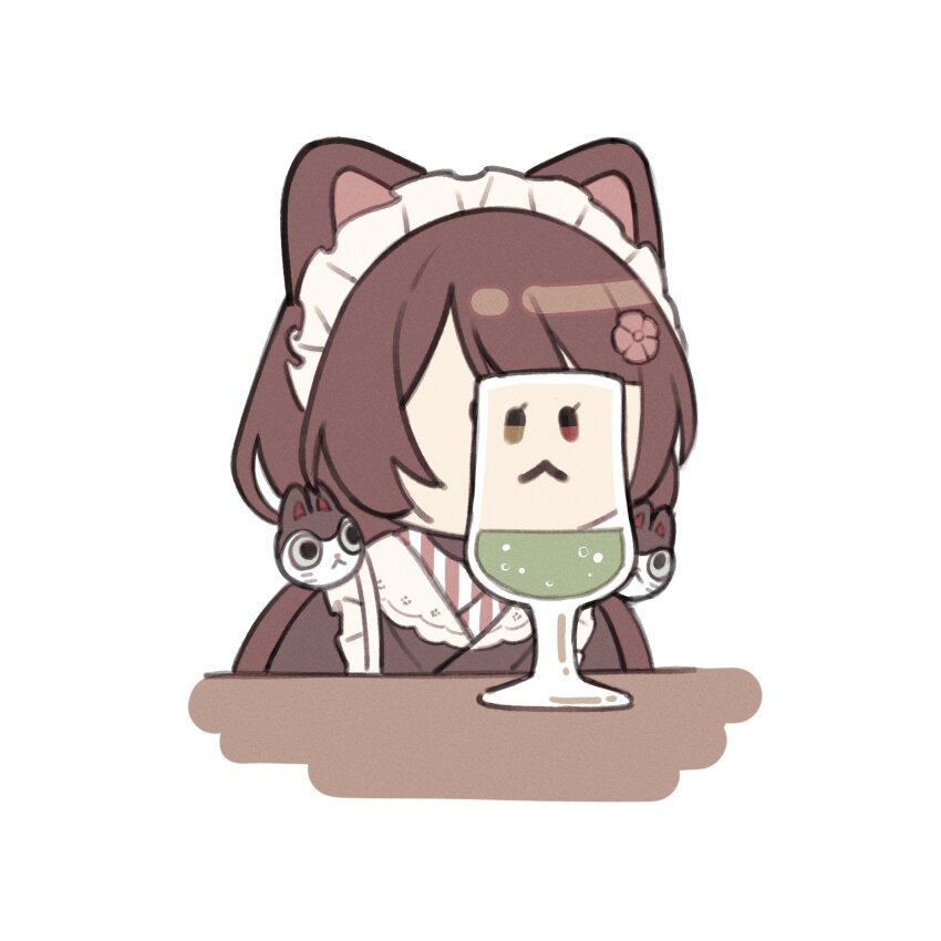 1girl :&lt; animal_ears animal_hair_ornament brown_hair brown_kimono closed_mouth commentary_request cup deformed dog_ears drinking_glass flower frills hair_flower hair_ornament heterochromia highres inui_toko inui_toko_(1st_costume) japanese_clothes kimono long_hair maid_headdress matsugi_zuntaro nijisanji photo-referenced poco_grande_glass red_eyes refraction simple_background solo upper_body virtual_youtuber white_background white_headdress yellow_eyes