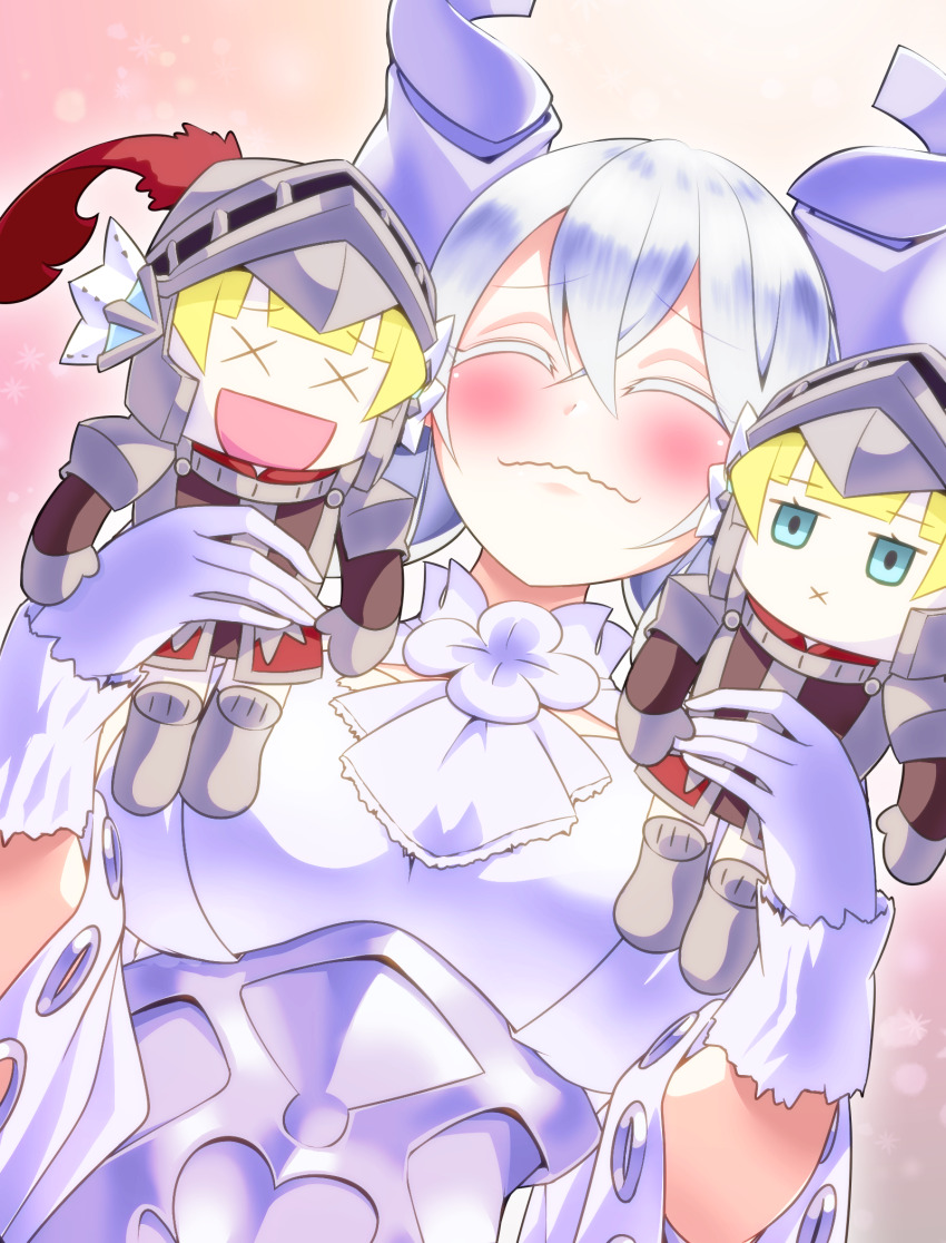 1girl blush breasts closed_eyes demon_girl demon_horns drill_hair duel_monster grey_hair highres holding holding_stuffed_toy horns knight_(yu-gi-oh!) large_breasts lovely_labrynth_of_the_silver_castle p-b-c_(dark_matter_kakine) solo stuffed_toy twin_drills twitter_username upper_body yu-gi-oh!
