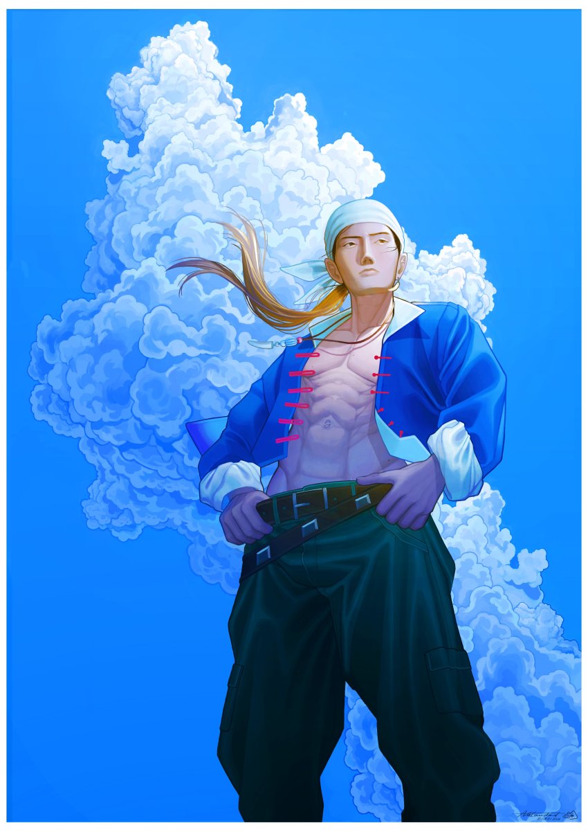 1boy absurdres artist_name bad_anatomy belt blue_sky border brown_eyes cloud dated day earrings green_pants highres jewelry male_focus navel open_clothes open_shirt outdoors pants ren_wu_ying shenmue shenmue_i sky solo standing toned toned_male yummy_lammy