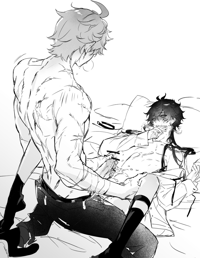 2boys absurdres aged_down blush calf_socks crying cum cum_on_body genshin_impact greyscale hamtaru542899 handjob highres lying monochrome mors_gn multiple_boys nipples on_back on_bed sex spread_legs tartaglia_(genshin_impact) tears twitter white_background yaoi zhongli_(genshin_impact)
