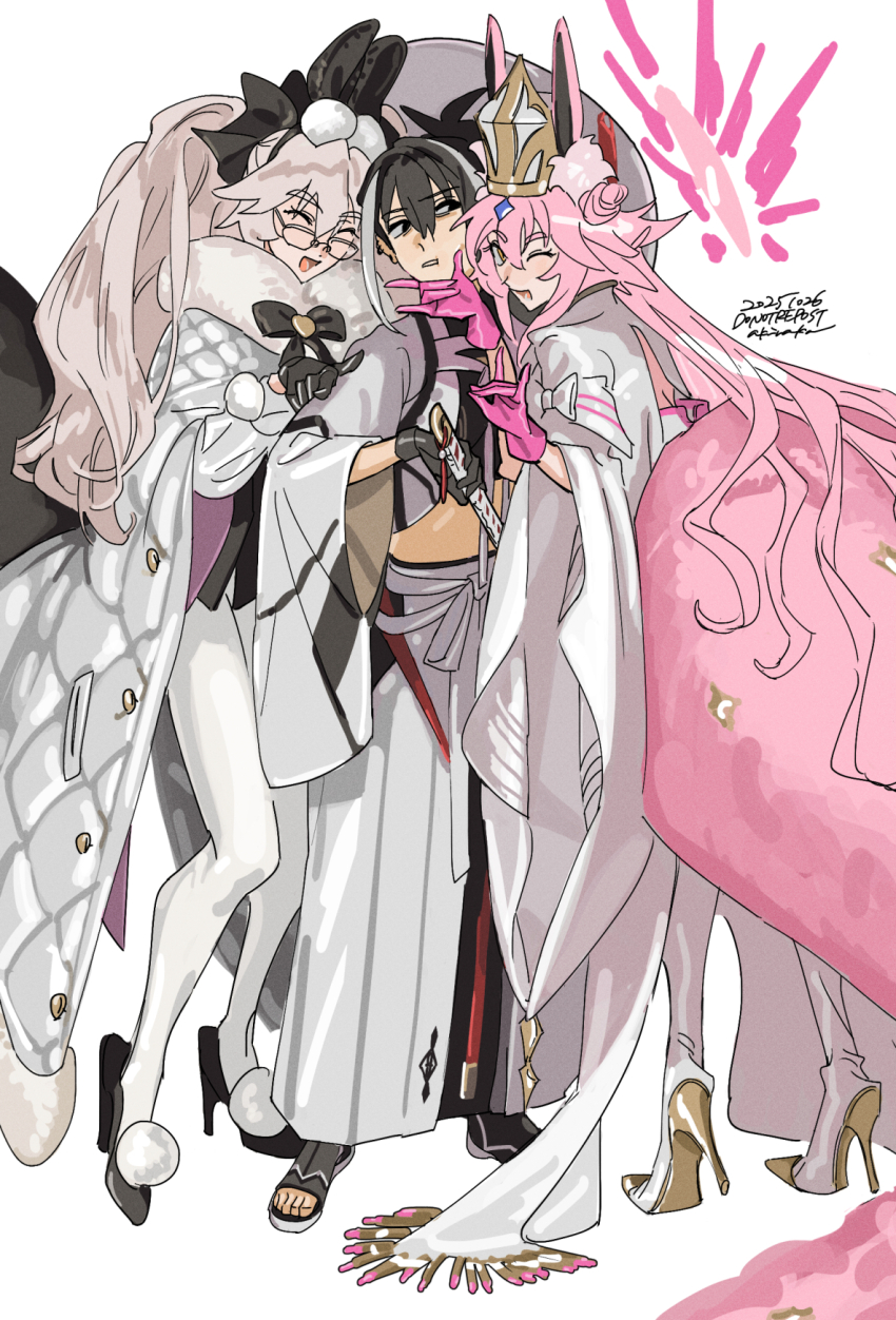 3girls akiraka_(n_l_m_g) animal_ear_hairband animal_ears black_bow black_eyes black_gloves black_hair black_shirt black_shoes boots bow bullet closed_eyes coat commentary crop_top double_bun double_fox_shadow_puppet dual_persona ear_piercing fake_animal_ears fate/grand_order fate_(series) fox_shadow_puppet full_body fur-trimmed_coat fur_trim girl_sandwich glasses gloves hair_between_eyes hair_bun hairband hakama hand_on_another&#039;s_arm hand_on_another&#039;s_chin haori hat high_heel_boots high_heels highres holding holding_sword holding_weapon japanese_clothes katana kawakami_gensai_(fate) kawakami_gensai_(third_ascension)_(fate) koyanskaya_(assassin)_(second_ascension)_(fate) koyanskaya_(assassin)_(third_ascension)_(fate) koyanskaya_(fate) long_hair long_sleeves looking_at_another looking_at_viewer multicolored_hair multiple_girls one_eye_closed open-toe_shoes open_clothes open_coat open_mouth padded_coat pantyhose piercing pink_gloves pink_hair pink_tail rabbit_ear_hairband rabbit_ears sandwiched shirt shoes simple_background smile standing streaked_hair sword tail tiptoes twintails weapon white_background white_boots white_coat white_hair white_hakama white_hat white_pantyhose white_shirt wide_sleeves yellow_eyes