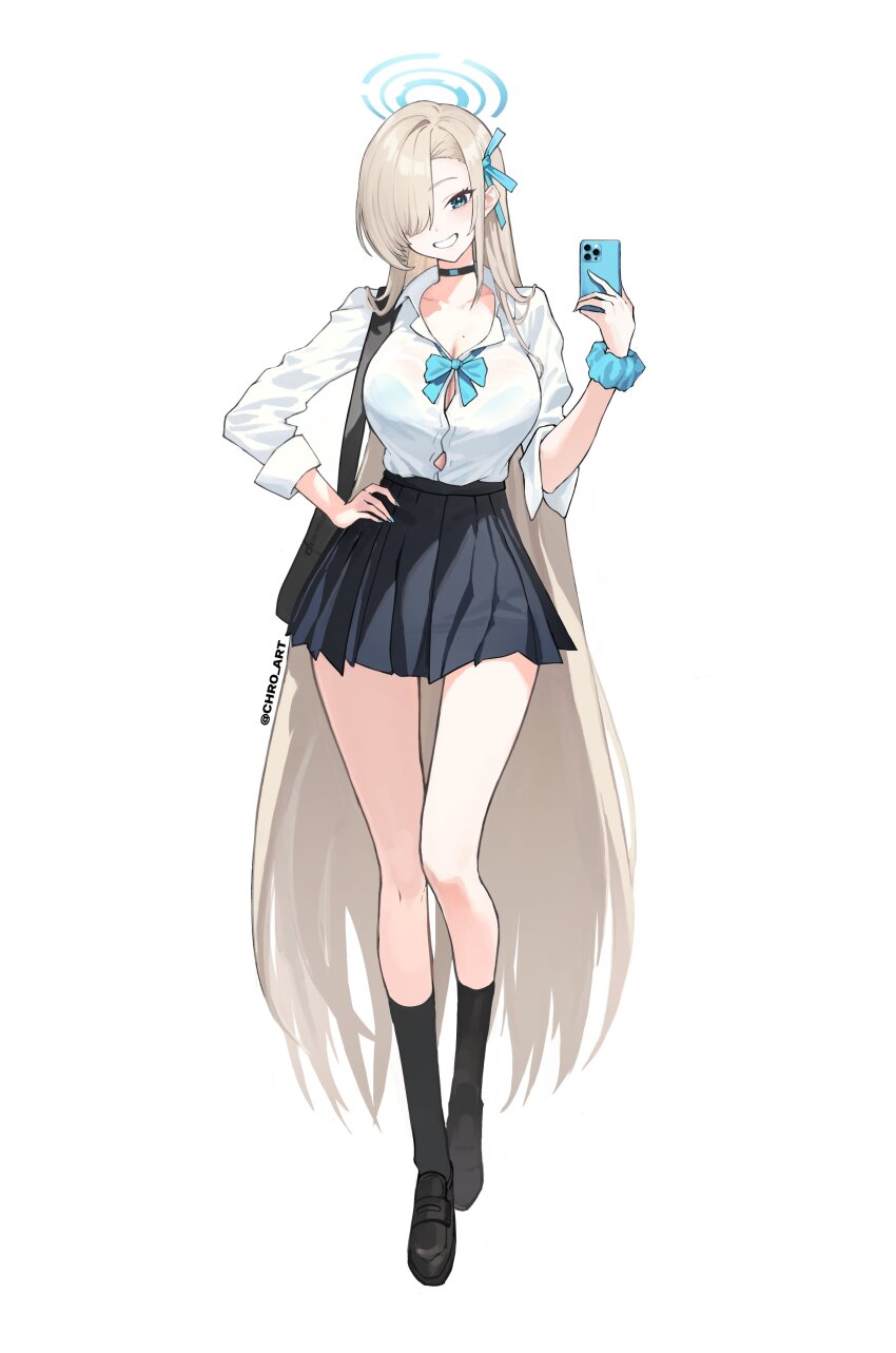 1girl absurdres aqua_bow aqua_bowtie asuna_(blue_archive) asuna_(school_uniform)_(blue_archive) black_choker blue_archive blue_halo blue_nails blue_scrunchie bow bowtie breasts button_gap choker chro_art commentary full_body hair_over_one_eye halo highres mole mole_on_breast school_uniform scrunchie shirt_tucked_in solo symbol-only_commentary wrist_scrunchie