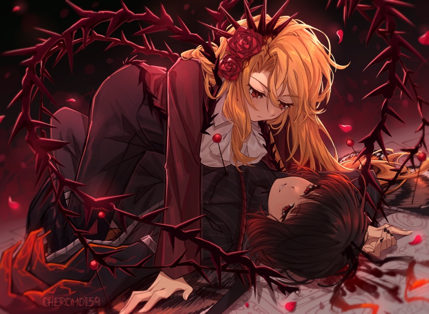 2girls 4th_match_flame_(e.g.o) absurdres all_fours antennae ascot asymmetrical_arms black_hair black_pants blonde_hair blood bob_cut butterfly_wings cheromo159 collared_shirt don_quixote_(project_moon) e.g.o_(project_moon) flower frilled_ascot frills grin hair_flower hair_ornament heart highres insect_pin insect_wings jacket limbus_company long_hair lying multiple_girls on_back pants pin pinned project_moon red_eyes red_flower red_jacket red_rose rose ryoshu_(project_moon) serious shirt smile striped_clothes striped_shirt vertical-striped_clothes vertical-striped_shirt white_ascot white_shirt wings yearning-mircalla_(e.g.o) yuri