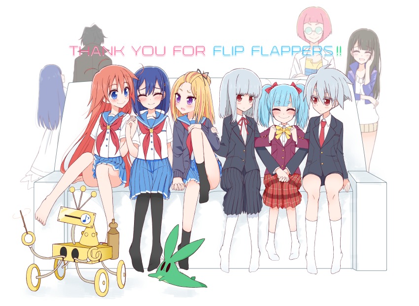 3boys 6+girls :d ^_^ absurdres ahoge antenna_hair arm_wrap bangs_pinned_back barefoot blazer blonde_hair blue_eyes blue_hair blunt_bangs bow closed_eyes commentary_request creature expressionless feet flip_flappers girl_sandwich glasses hair_bow hair_ornament hair_ribbon hairclip hand_on_own_cheek hand_on_own_face hidaka_(flip_flappers) highres holding_hands jacket kokomine_cocona long_hair long_skirt mimi_(flip_flappers) multicolored_hair multiple_boys multiple_girls no_shoes nyunyu opaque_glasses open_mouth orange_hair pantyhose papika_(flip_flappers) pleated_skirt purple_eyes red_eyes ribbon robot salt_(flip_flappers) sandwiched sayuri_(flip_flappers) school_uniform serafuku short_hair silver_hair sitting skirt smile sou_(mgn) streaked_hair thank_you toes toto_(flip_flappers) tt-392 two_side_up uexkull yayaka yuyu_(flip_flappers)