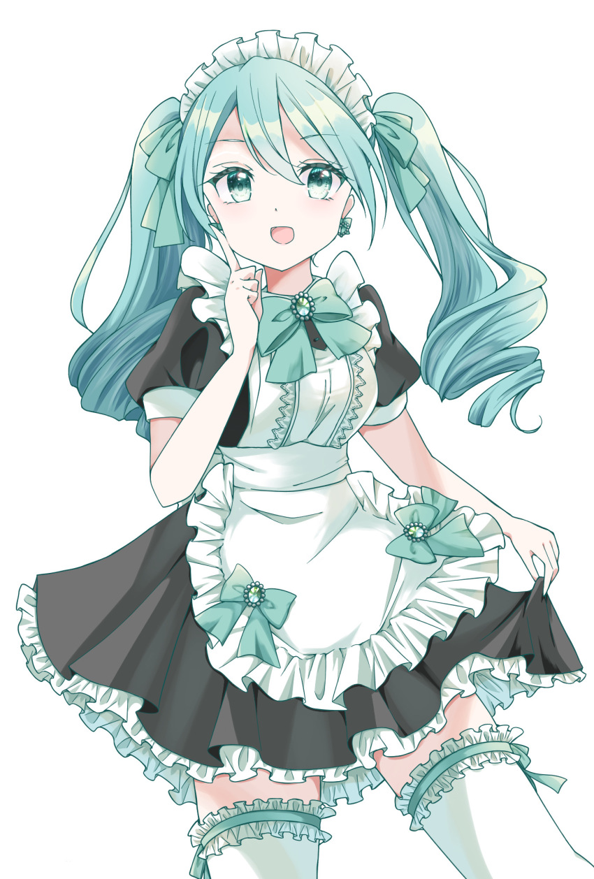 1girl alternate_costume alternate_hairstyle apron aqua_bow aqua_eyes aqua_hair blush bow breasts clothes_lift dress dress_lift earrings frilled_apron frilled_dress frilled_thigh_strap frilled_thighhighs frills hair_between_eyes hair_ornament hatsune_miku highres index_finger_raised jewelry long_hair maid maid_apron medium_breasts open_mouth photo_(object) puffy_short_sleeves puffy_sleeves short_sleeves simple_background siquartz22 solo thigh_strap thighhighs twintails vocaloid white_apron white_background white_thighhighs