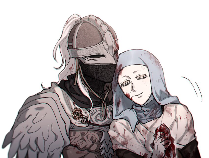 1boy 1other blood bloody_wolf_(elden_ring) cloak closed_eyes closed_mouth commentary commentary_request cowl elden_ring english_commentary grey_hood helm helmet mina_(als_dk) mixed-language_commentary simple_background smile tarnished_(elden_ring) white-faced_varre white_background white_mask