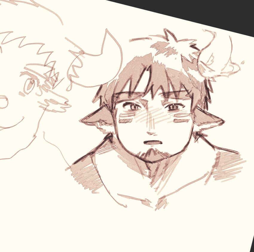 1boy animal_ears bara blush brown_theme cow_boy cow_ears cow_horns cropped_shoulders doodle_inset ears_down facial_hair fiery_horns forked_eyebrows goatee highres horns kauri097 looking_at_viewer male_focus monochrome open_mouth short_hair sketch thick_eyebrows tokyo_houkago_summoners torogao unfinished wakan_tanka