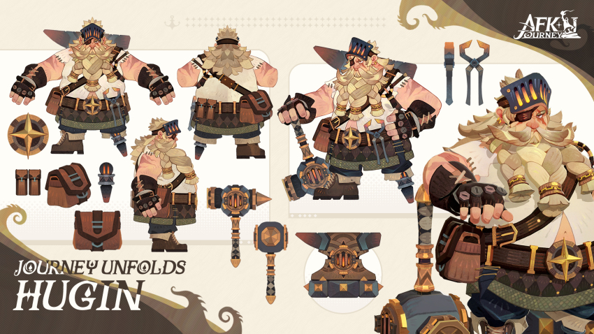 1boy afk_(series) afk_journey anvil apron beard belt belt_pouch blacksmith blacksmith_tongs blue_pants boots braid braided_beard brown_apron brown_belt brown_eyes brown_footwear brown_gloves character_name chest_harness closed_mouth commentary copyright_name dwarf ear_piercing english_commentary eyepatch facial_hair fat fat_man fingerless_gloves fold-over_boots from_behind gloves hammer hand_on_own_hip harness highres holding holding_hammer hugin_(afk) long_beard long_hair looking_at_viewer male_focus multiple_views mustache navel o-ring o-ring_harness official_art one_eye_covered pants patchwork_clothes peg_leg piercing pouch profile scar scar_across_eye scar_on_arm scar_on_face shirt turnaround v-shaped_eyebrows visor_lift waist_apron white_hair white_shirt