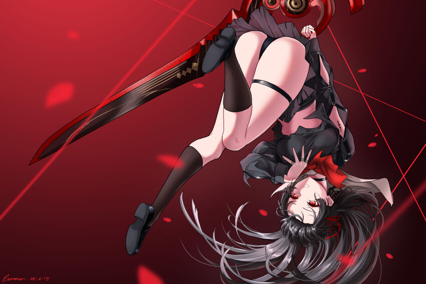 1girl absurdres ankle_socks arm_cutout black_choker black_hair black_panties black_shirt black_shoes black_skirt black_socks breasts bright_pupils chinese_commentary chisa_(wuthering_waves) choker commentary_request dated esrever hair_ribbon highres holding holding_sword holding_weapon large_breasts long_hair long_sleeves midriff panties parted_lips partial_commentary red_background red_eyes red_ribbon ribbon shirt shoes signature skirt socks solo sword tacet_mark_(wuthering_waves) thighs underwear upside-down weapon white_pupils wuthering_waves