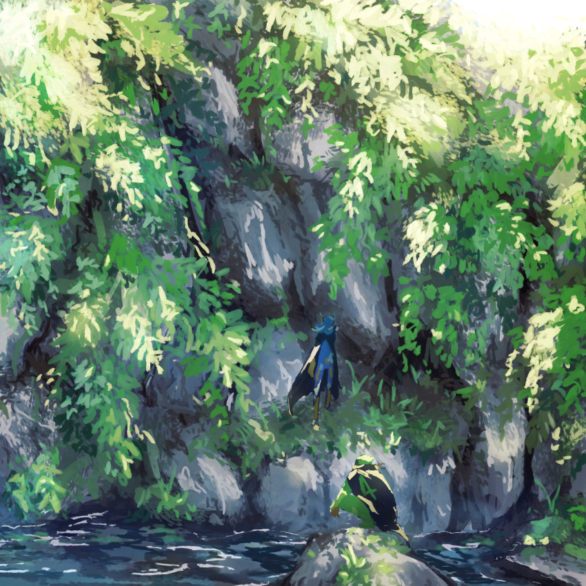 2boys black_cape blue_bodysuit blue_hair bodysuit boots brothers cape from_behind green_bodysuit green_hair gyaa highres knee_boots leaf male_focus mountain multiple_boys nature numbered one_piece river rock siblings sketch squatting vinsmoke_niji vinsmoke_yonji yellow_boots