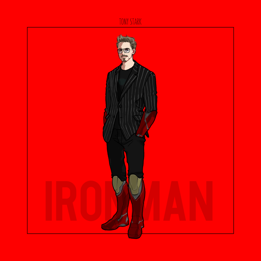 1boy armor armored_boots avengers:_endgame avengers_(series) black-framed_eyewear black_jacket black_pants black_shirt boots brown_eyes brown_hair buttons character_name closed_mouth facial_hair full_body glasses hands_in_pockets highres iron_man jacket lapels long_sleeves looking_at_viewer male_focus marvel marvel_cinematic_universe mochishio multicolored_armor pants red_armor red_background shirt short_hair simple_background smile solo standing striped_clothes striped_jacket tony_stark vertical-striped_clothes vertical-striped_jacket yellow_armor