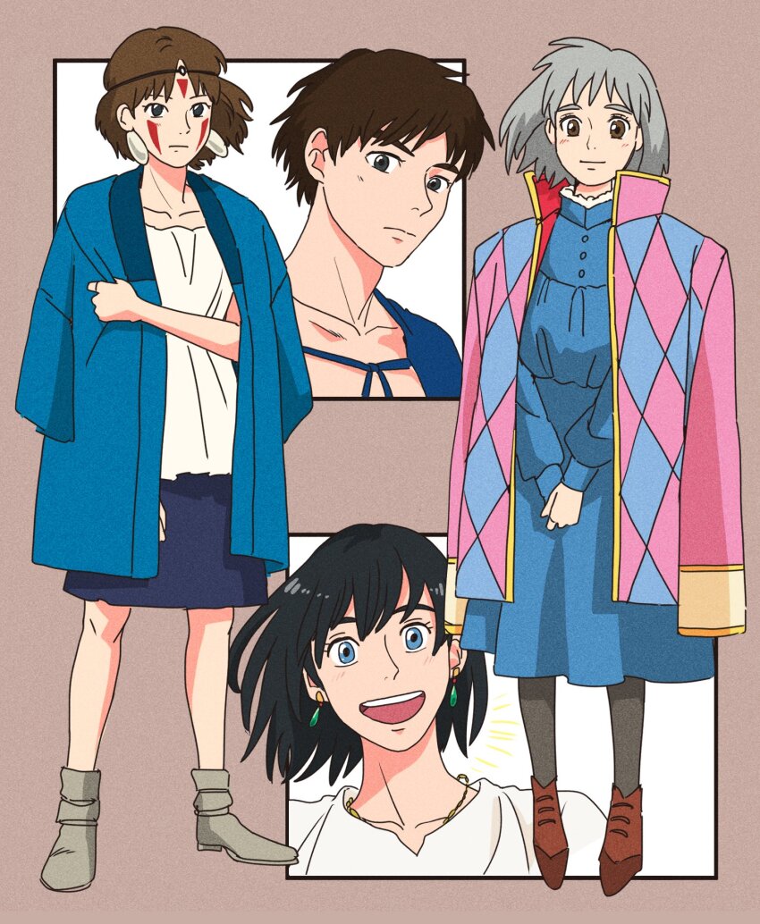 2boys 2girls ashitaka black_hair blue_dress blue_eyes blue_skirt breasts brown_eyes company_connection dress earrings facepaint grey_hair highres howl_pendragon howl_no_ugoku_shiro jacket jacket_on_shoulders jewelry medium_breasts mononoke_hime multiple_boys multiple_girls open_mouth rikaco1988 san_(mononoke_hime) skirt smile sophie_hatter studio_ghibli