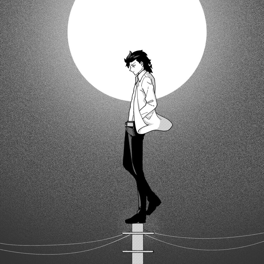 1boy belt black_hair black_pants collared_shirt floating_clothes full_moon hair_slicked_back hands_in_pockets hashikko69 highres male_focus michael_roa_valdamjong monochrome moon night night_sky open_clothes open_shirt pants power_lines serious shirt sky standing standing_on_one_leg tsukihime type-moon vampire white_shirt