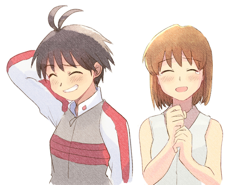 2girls antenna_hair arm_behind_head black_hair blush brown_hair closed_eyes facing_viewer grin hagiwara_yukiho hands_up highres idolmaster idolmaster_(classic) idolmaster_1 kikuchi_makoto long_sleeves multiple_girls open_mouth short_hair simple_background sleeveless smile tears tsubobot upper_body white_background