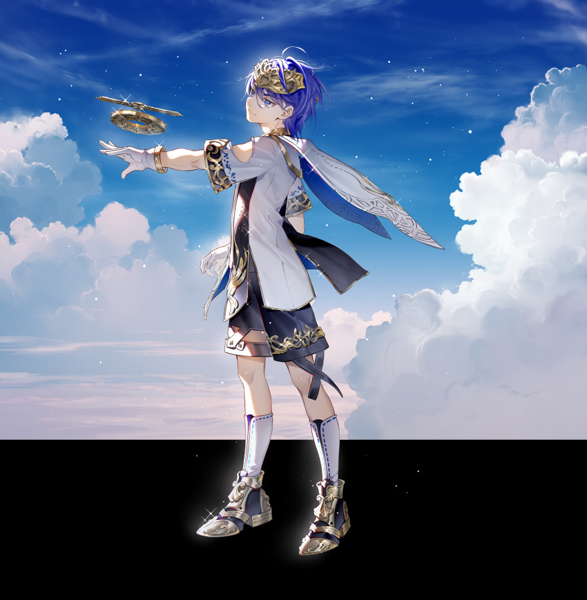 1boy ahoge black_footwear black_shorts blue_eyes blue_hair blue_sky closed_mouth cloud commentary diadem fantasy from_side full_body gloves highres kneehighs legs_apart light_particles male_focus official_art outstretched_arm shirt short_hair short_sleeves shorts sky smile socks solo standing tidsean vocaloid vsinger_(vocaloid) white_gloves white_shirt white_socks zhiyu_moke