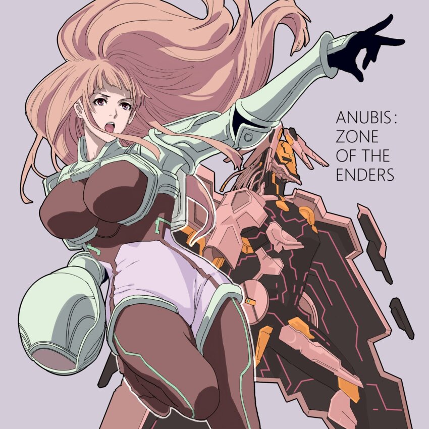 1girl ardjet black_gloves blunt_bangs bodysuit breasts brown_eyes brown_hair covered_navel full_body gloves helmet highres hime_cut holding holding_helmet ken_marinaris long_hair mecha nobita_(makoto7060355) open_mouth red_bodysuit red_eyes robot solo zone_of_the_enders zone_of_the_enders_2