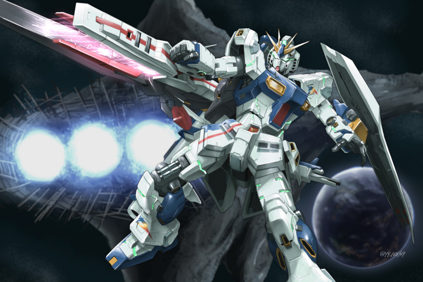 absurdres aiming asteroid axis_(gundam) beam_rifle char&#039;s_counterattack commentary_request derivative_work earth_(planet) earth_federation energy energy_gun fin_funnels gundam highres machinery mecha mecha_focus mobile_suit no_humans nu_gundam_(rx-93ff) planet realistic robot science_fiction shield signature siratori_(yy_203) space space_habitat space_station thrusters v-fin weapon zero_gravity