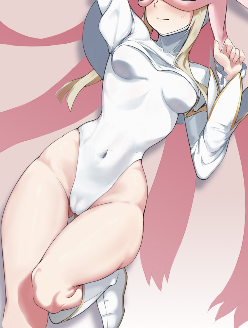 1girl adapted_costume animal_hood arm_up blonde_hair boots breasts chinese_commentary closed_mouth commentary_request covered_navel digimon digimon_(creature) dkeys drop_shadow groin guimpe hat head_out_of_frame highleg highleg_leotard highres hood knee_boots leotard long_hair mask open_mouth pink_veil rabbit_hood rabbit_mask shadow sidelocks simple_background sistermon_blanc sistermon_blanc_(awaken) skindentation small_breasts solo standing standing_on_one_leg sweat thighs veil white_boots white_leotard