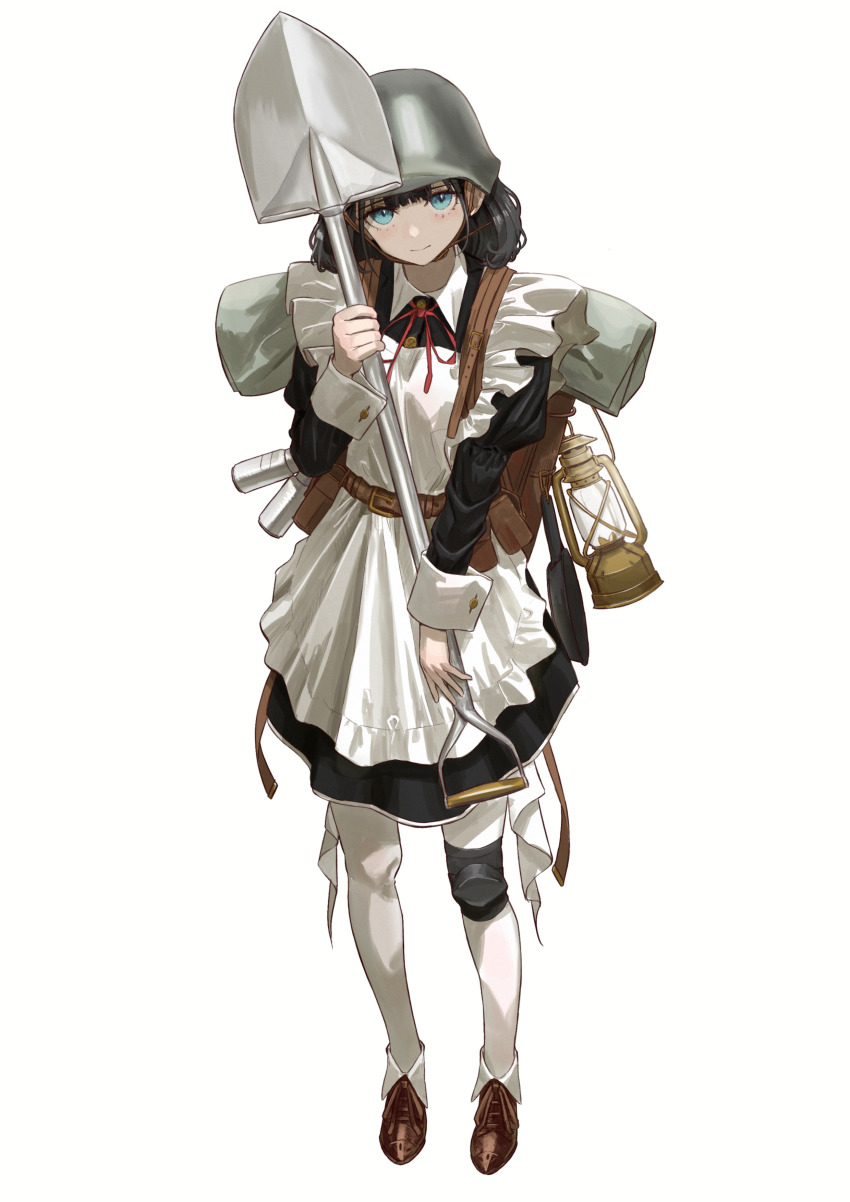 1girl absurdres apron backpack bag belt belt_pouch black_dress black_hair blue_eyes brown_bag brown_belt brown_shoes buttons canister closed_mouth collared_dress commentary_request dress frilled_apron frills frying_pan full_body hand_up helmet highres holding holding_shovel juliet_sleeves kerosene_lamp knee_pads light_blush long_sleeves looking_at_viewer maid_apron medium_hair neck_ribbon original pantyhose pouch puffy_sleeves red_ribbon ribbon sawatani_(_swt2) shoes shovel simple_background single_knee_pad solo standing white_apron white_background white_pantyhose wing_collar