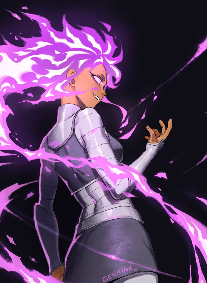 1girl arm_armor armor artist_name blackfire blank_eyes colored_skin dc_comics evil_smile fiery_hair fire genniax hand_up highres long_hair miniskirt orange_skin purple_fire skirt smile solo tamaranean teen_titans teen_titans_(tv_series)