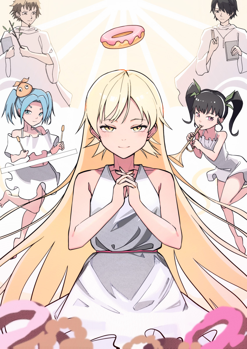 1girl 2boys 3girls absurdres angel araragi_koyomi baisebandaoti1 bare_shoulders barefoot black_eyes black_hair blonde_hair blue_hair blurry blurry_foreground book breasts brown_eyes brown_hair chinese_commentary closed_mouth collarbone commentary cropped_torso depth_of_field donut donut_halo dress dress_ribbon eyelashes facial_hair fake_halo food foot_up frilled_dress frilled_shirt frilled_skirt frills goatee googly_eyes green_ribbon hachikuji_mayoi hair_over_one_eye hair_ribbon hairband halo hat heaven highres holding holding_book holding_instrument holding_mallet holding_stick index_finger_raised instrument interlocked_fingers light_blush long_hair long_sleeves looking_at_another looking_at_viewer mallet mallet_(instrument) midriff mixed-language_commentary monogatari_(series) multiple_boys multiple_girls music narrowed_eyes navel off-shoulder_shirt off_shoulder ononoki_yotsugi orange_headwear oshino_meme oshino_shinobu parted_bangs pile pink_eyes pink_ribbon playing_instrument ribbon robe shirt short_dress skirt sleeveless sleeveless_dress small_breasts spaghetti_strap stick straight-on sunburst sunburst_background sundress toes trumpet twintails two-tone_background v-shaped_eyebrows very_long_hair w_arms white_background white_dress white_hairband white_robe wide_sleeves xylophone yellow_background yellow_eyes