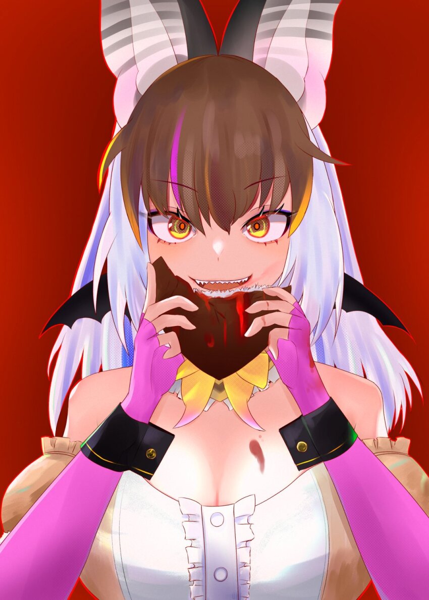 1girl animal_ears bat_ears bat_girl bat_wings breasts brown_hair brown_long-eared_bat_(kemono_friends) chocolate cleavage elbow_gloves extra_ears fingerless_gloves gloves grey_hair highres kemono_friends kemono_friends_v_project large_breasts leotard long_hair looking_at_viewer microphone multicolored_hair nekomimi_illust simple_background solo streaked_hair valentine virtual_youtuber wings yellow_eyes