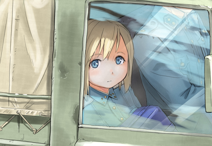 1girl bag blonde_hair blue_eyes commentary_request driving duplicate elma_leivonen from_outside looking_at_viewer looking_outside military military_truck military_uniform military_vehicle motor_vehicle shibasaki_shouji short_hair solo_focus strike_witches:_suomus_misfits_squadron truck window world_witches_series