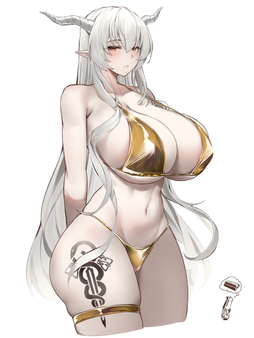 1girl 1other absurdres alternate_breast_size arknights arms_behind_back artist_name bare_shoulders bikini blush breasts chibi chibi_inset cleavage collarbone doctor_(arknights) gold_bar gold_bikini highres horns huge_breasts irkawaza leg_tattoo long_hair navel parted_lips pointy_ears red_eyes shining_(arknights) signature simple_background skindentation smile solo_focus speech_bubble swimsuit tattoo thigh_strap thought_bubble very_long_hair white_background white_hair