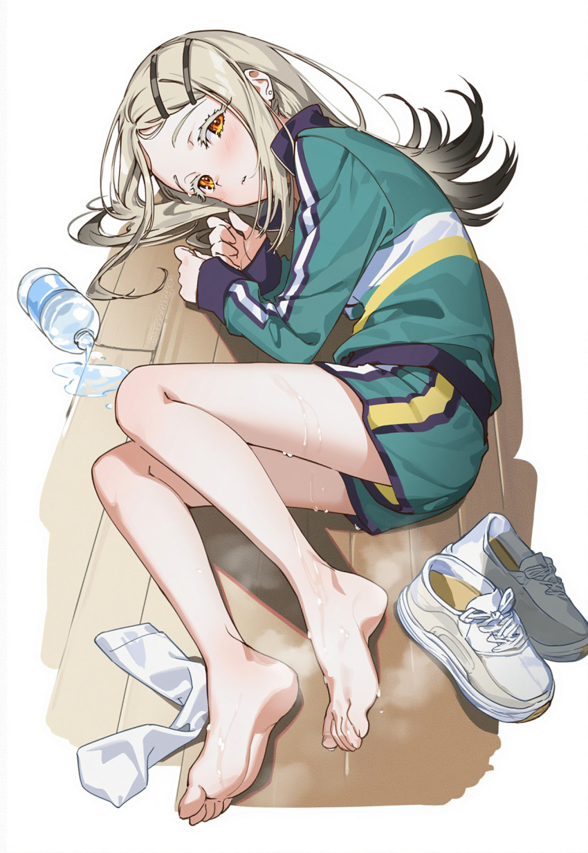 1girl barefoot blonde_hair blush bottle feet gakuen_idolmaster highres idolmaster long_hair looking_at_viewer lying on_side shinosawa_hiro shoes single_sock socks soles steam sweat tencarcyan toes unworn_shoes unworn_socks water_bottle yellow_eyes