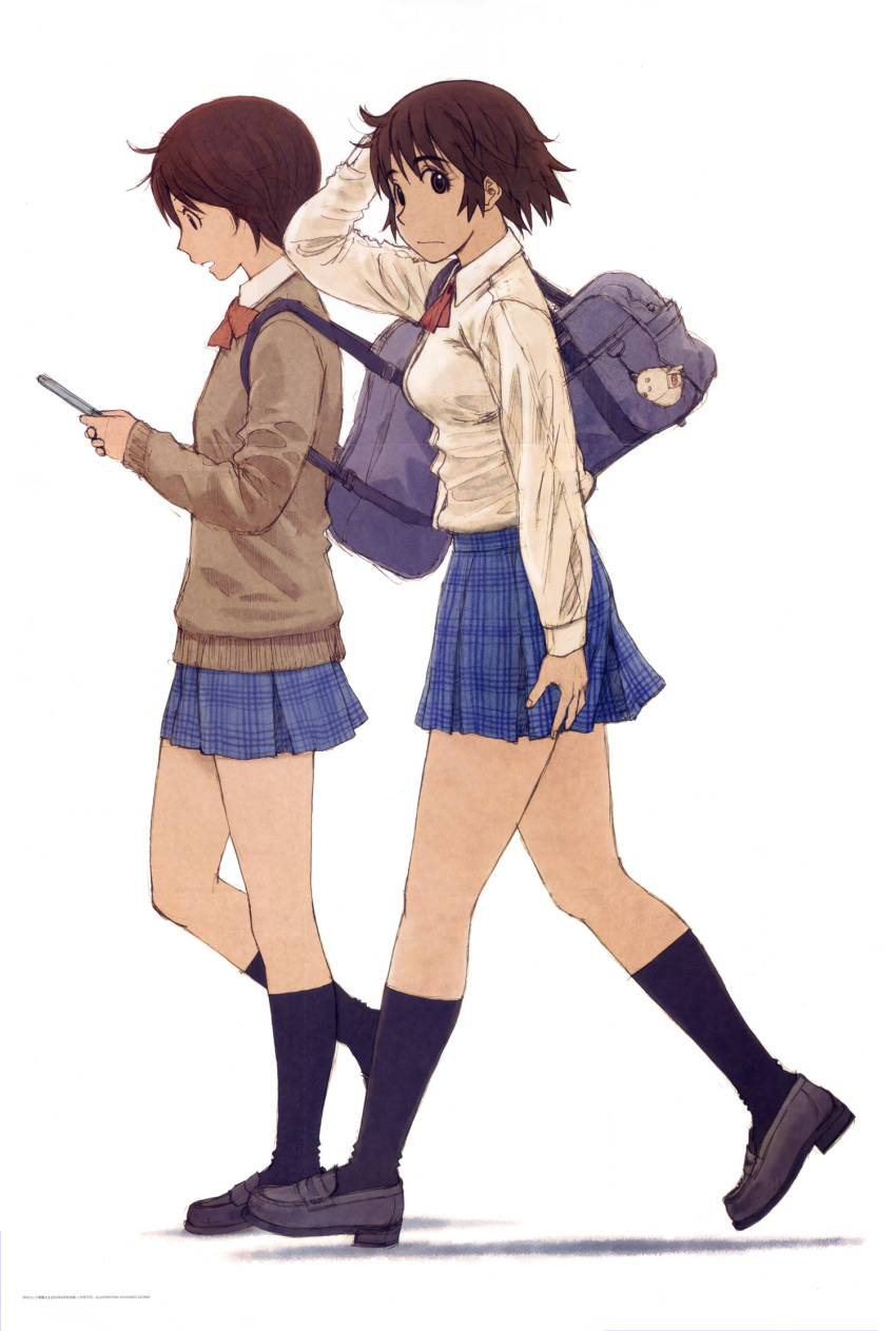 2girls ascot ayase_fuuka azuma_kiyohiko bag brown_eyes brown_hair highres hiwatari kneehighs multiple_girls official_art school_bag school_uniform shimau short_hair simple_background skirt socks sweater thick_eyebrows white_background yotsubato!