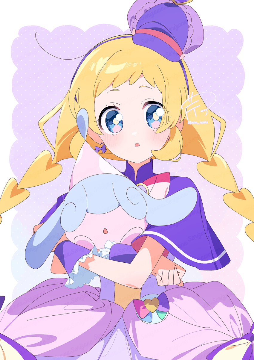 blonde_hair blue_eyes blush braid capelet crossover cure_friendy dot_nose dotted_background dress earrings frilled_wrist_cuffs frills game_freak gen_8_pokemon hat hat_ornament hatenna heart heart_hat_ornament heart_pouch highres holding holding_pokemon jewelry looking_at_viewer magical_girl nintendo open_mouth paru_rari pokemon pokemon_(creature) precure purple_capelet purple_dress purple_wrist_cuffs twin_braids wonderful_precure! wrist_cuffs