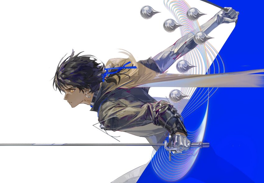 1boy arknights black_hair bright_pupils brown_eyes dark-skinned_male dark_skin earrings highres holding holding_sword holding_weapon jewelry magic siyemmm solo sword thorns_(arknights) thorns_the_lodestar_(arknights) weapon white_pupils