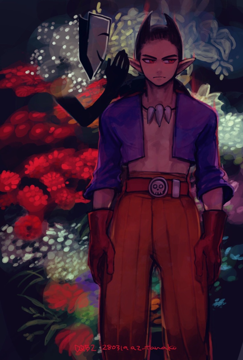 1boy belt black_background black_hair closed_mouth commentary_request dated disembodied_face disembodied_hand dragon_quest dragon_quest_builders_2 feet_out_of_frame flower gloves hair_horns highres hotaru1012 jewelry looking_to_the_side low_ponytail male_focus necklace open_clothes open_shirt orange_pants pants pointy_ears ponytail purple_shirt red_belt red_eyes red_flower red_gloves shirt sidoh_(dqb2) skull_belt solo toned toned_male tooth_necklace white_flower