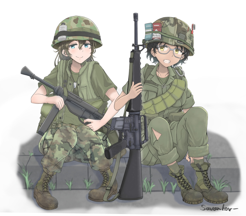 2girls ammunition_pouch arm_support artist_name assault_rifle backpack bag belt belt_pouch black_hair blue_eyes boots bottle breast_pocket camouflage camouflage_footwear camouflage_headwear camouflage_pants cigarette_pack collared_shirt combat_boots combat_helmet commentary dark-skinned_female dark_skin dog_tags english_commentary flak_jacket full_body glasses grass green_bag green_belt green_footwear green_headwear green_helmet green_shirt green_socks green_vest grey-framed_eyewear gun gun_sling headwear_writing helmet highres holding holding_gun holding_weapon jacket jewelry lace-up_boots long_hair looking_at_viewer m16 m16a1 m1_helmet m3_submachine_gun military military_combat_uniform military_fatigues military_uniform multiple_girls name_tag necklace open_collar open_mouth original pants pants_rolled_up pants_tucked_in pavement peace_symbol pocket pouch rifle savankov shirt short_hair short_sleeves simple_background sitting sleeves_rolled_up smile socks soldier submachine_gun t-shirt teeth toothbrush torn_clothes torn_pants united_states_army utility_belt vest vietnam_war weapon white_background woodland_camouflage yellow_eyes