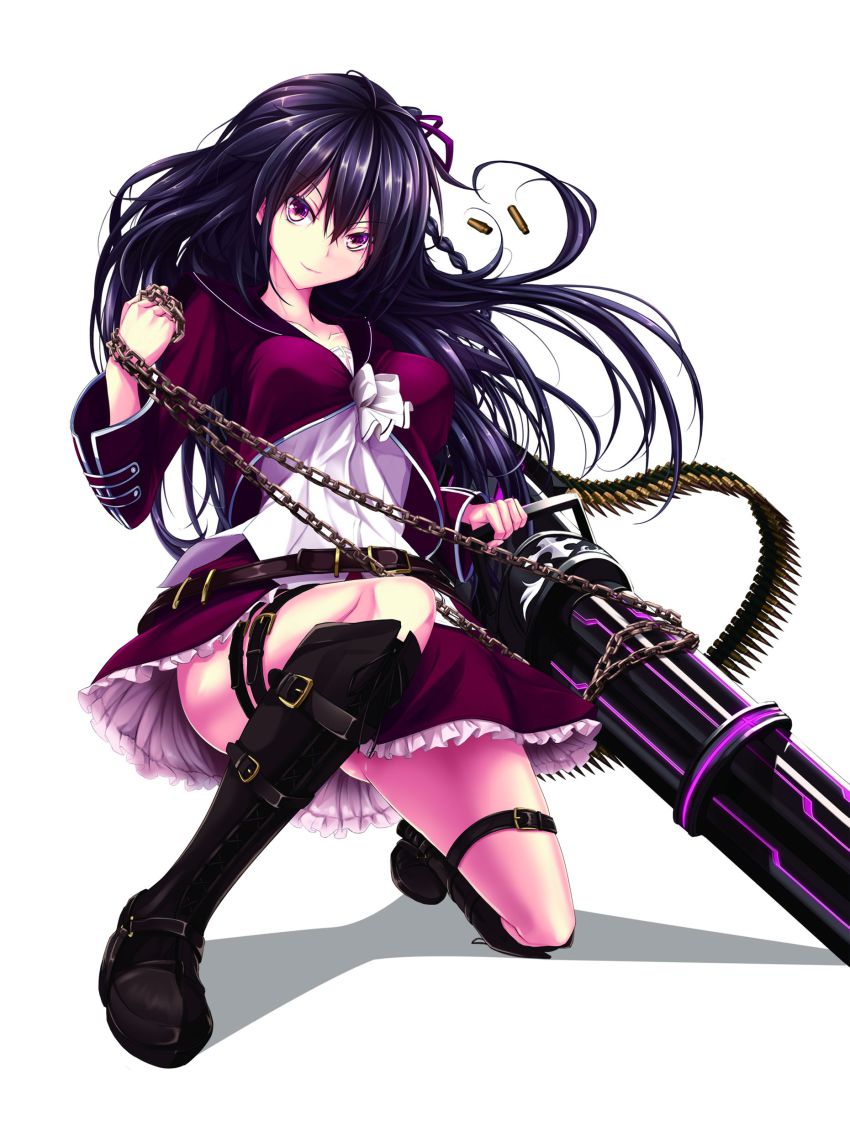 1girl absurdres arms_up belt black_hair boots bullet chain dress female_focus gatling_gun gun highres kneeling on_one_knee purple_eyes solo souchi thigh_strap weapon