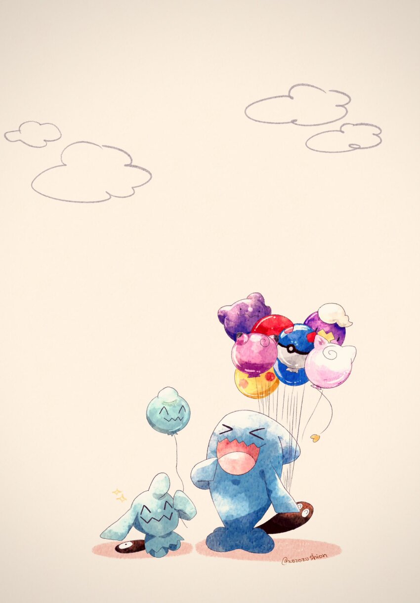&gt;_&lt; :d ^_^ animal_focus artist_name balloon blue_skin clefairy closed_eyes cloud colored_skin commentary_request creatures_(company) ditto drifloon evolutionary_line game_freak gen_1_pokemon gen_2_pokemon gen_3_pokemon gen_4_pokemon great_ball highres igglybuff nintendo no_humans open_mouth poke_ball pokemon simple_background smile tail twitter_username wavy_mouth white_background wobbuffet wynaut xd zozozoshion