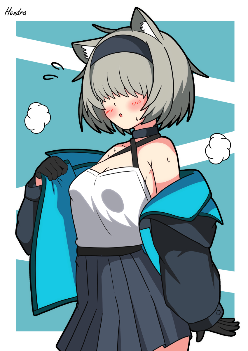 1girl absurdres animal_ears arknights artist_name black_gloves black_hairband black_jacket black_skirt blue_background blush breasts commentary_request criss-cross_halter flying_sweatdrops gloves grey_hair hair_over_eyes hairband halterneck hendra highres jacket long_sleeves open_mouth pleated_skirt puffy_long_sleeves puffy_sleeves reserve_operator_guard_(arknights) shirt signature skirt small_breasts solo white_shirt