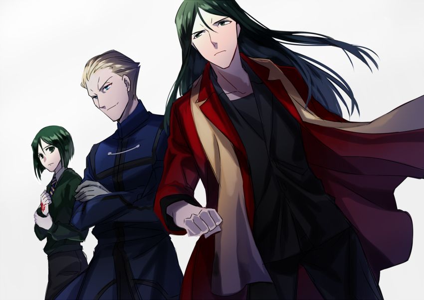 3boys blonde_hair blue_eyes coat commentary_request crossed_arms dual_persona fate/zero fate_(series) frown green_eyes green_hair green_sweater kayneth_el-melloi_archibald long_hair lord_el-melloi_ii male_focus multiple_boys necktie red_coat scarf smile striped_necktie sweater waver_velvet ycco_(estrella) yellow_scarf