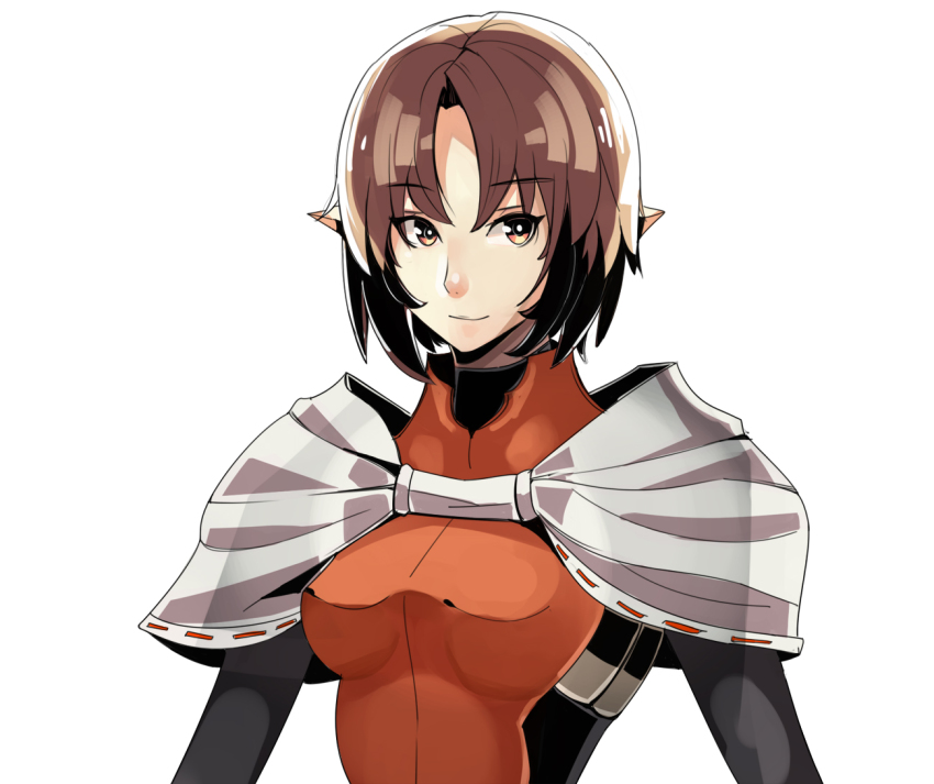 1360110 1girl armor brown_eyes brown_hair female_focus hiro_(spectral_force) light_smile pointy_ears short_hair solo spectral_(series) spectral_force white_background
