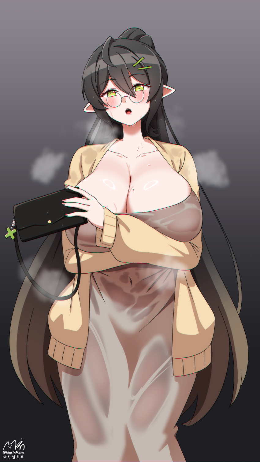1girl :o absurdres arm_under_breasts artist_name bag black_hair blush breasts cardigan cleavage collarbone commentary covered_navel dongtan_dress dress fingernails glasses gradient_background grey_dress handbag highres hilde_(trickcal) holding holding_bag huge_breasts korean_commentary long_hair looking_at_viewer majinmallow meme_attire mole mole_on_breast pointy_ears ponytail round_eyewear signature simple_background solo steaming_body sweat sweaty_clothes trickcal twitter_username very_long_hair yellow_cardigan