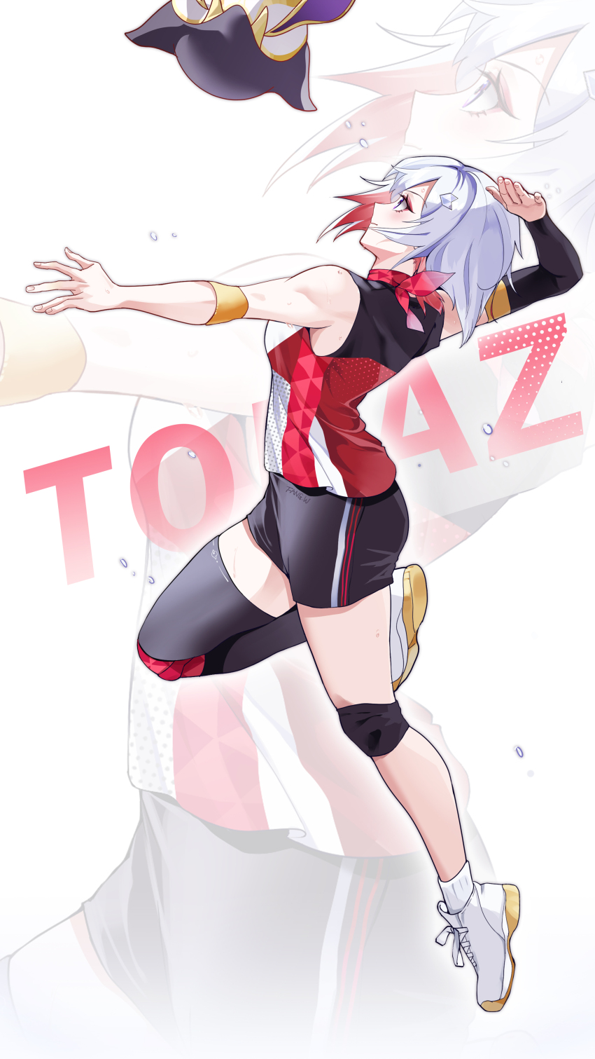 1girl absurdres black_shorts blue_eyes breasts character_name closed_mouth collarbone colored_inner_hair fangwan hair_ornament highres honkai:_star_rail honkai_(series) knee_pads multicolored_hair neck_ribbon numby_(honkai:_star_rail) red_hair ribbon shirt shoes short_hair short_shorts shorts single_knee_pad single_thighhigh sportswear sweat thighhighs topaz_(honkai:_star_rail) trotter_(honkai:_star_rail) volleyball volleyball_uniform white_shirt white_shoes