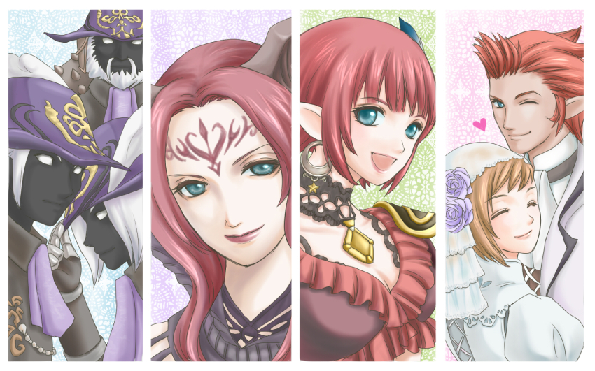 3girls 4boys :d ;) ^_^ adjusting_clothes adjusting_headwear aquila_(ff11) black_skin blonde_hair blue_eyes breasts bridal_veil bride brown_horns cleavage closed_eyes closed_mouth colored_skin dancer_(final_fantasy) dark-skinned_male dark_skin demon_girl demon_horns earrings elf elvaan facial_mark feathers final_fantasy final_fantasy_xi flower forehead_mark formal_clothes galka groom hair_intakes hat_feather haudrale_(ff11) heart highres hoop_earrings horns hume jewelry lace_background lady_lilith larzos_(ff11) lilisette long_hair medium_breasts multiple_boys multiple_girls one_eye_closed open_mouth pink_lips pointy_ears portia_fonteyn purple_flower purple_headwear purple_rose ragelise_b_baloumat red_hair red_lips rose sakutsuki short_hair smile solid_eyes star_(symbol) veil white_eyes white_feathers