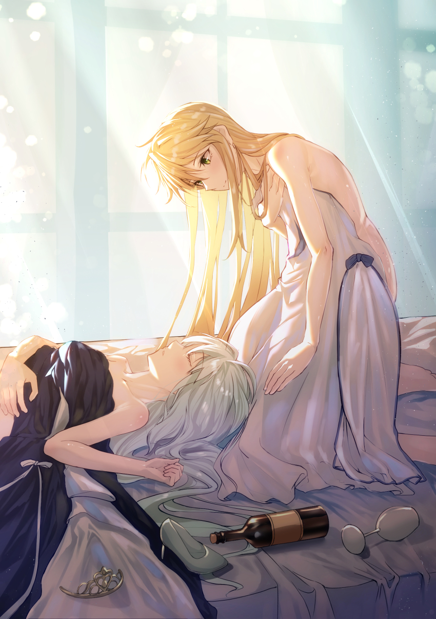 2girls absurdres artoria_pendragon_(fate) artoria_pendragon_(swimsuit_ruler)_(fate) artoria_pendragon_(swimsuit_ruler)_(second_ascension)_(fate) back bare_shoulders bedroom black_pajamas blonde_hair bottle breasts chalice closed_eyes crown cup faerie_knights_(fate) fate/grand_order fate_(series) green_eyes grey_hair hair_between_eyes high_heels highres indoors large_breasts long_hair looking_at_another messy_hair mini_crown morgan_le_fay_(fate) morning multiple_girls on_bed pajamas sleeping sunlight toomishou very_long_hair white_pajamas wine_bottle